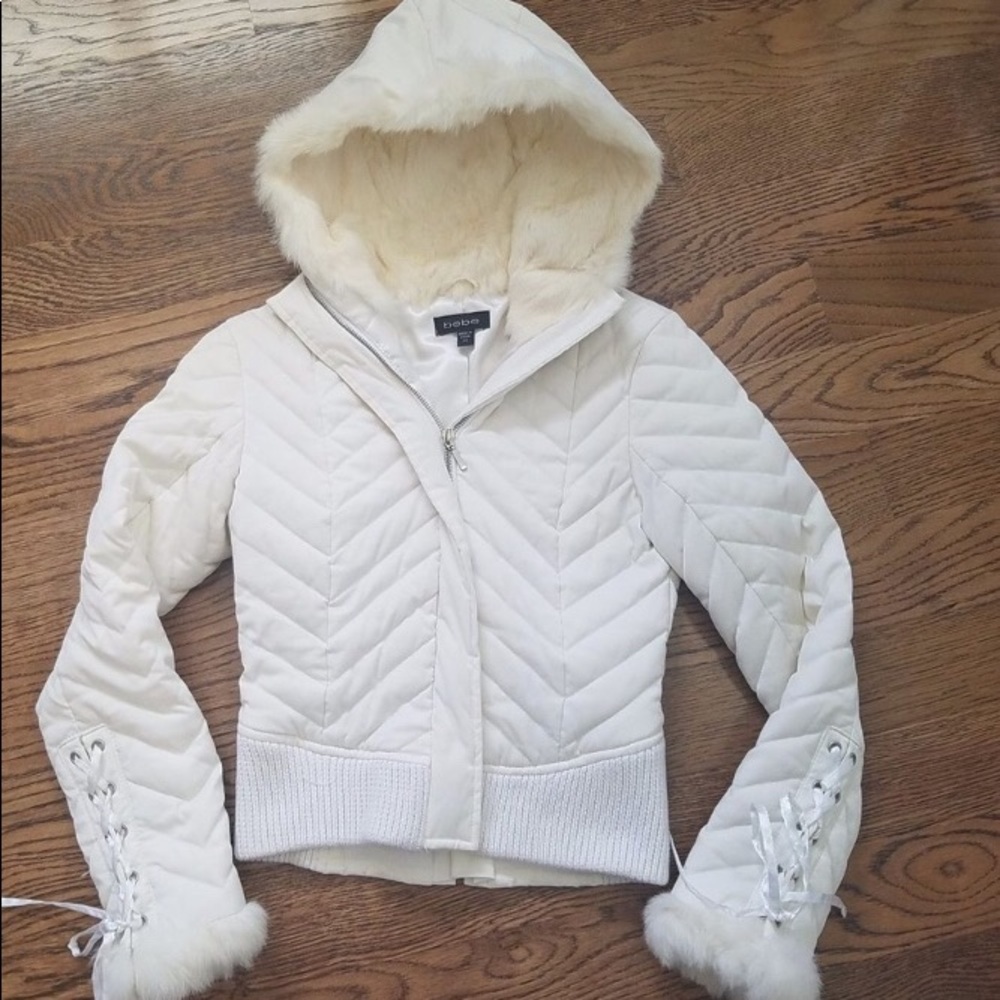 Bebe White Rabbit Fur Puffer Lace Up Corset Jacket